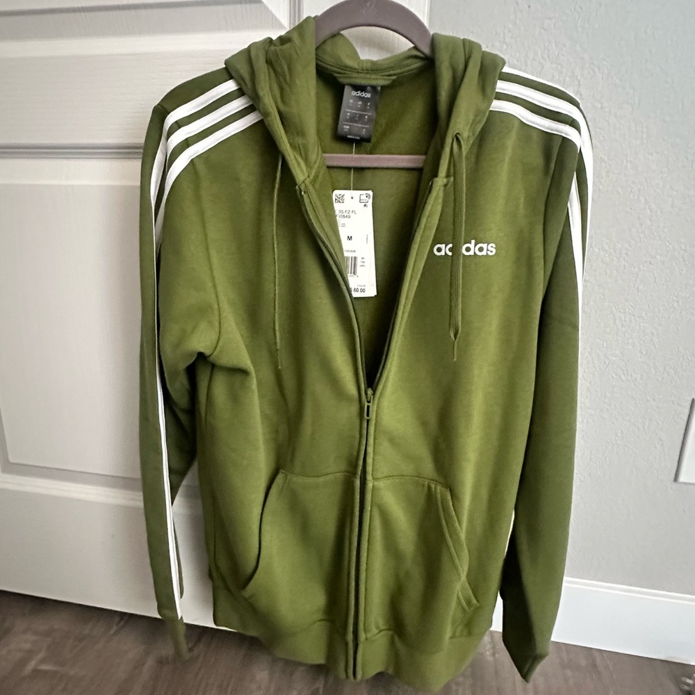 Adidas Olive Hoodie with White Accents-Size M